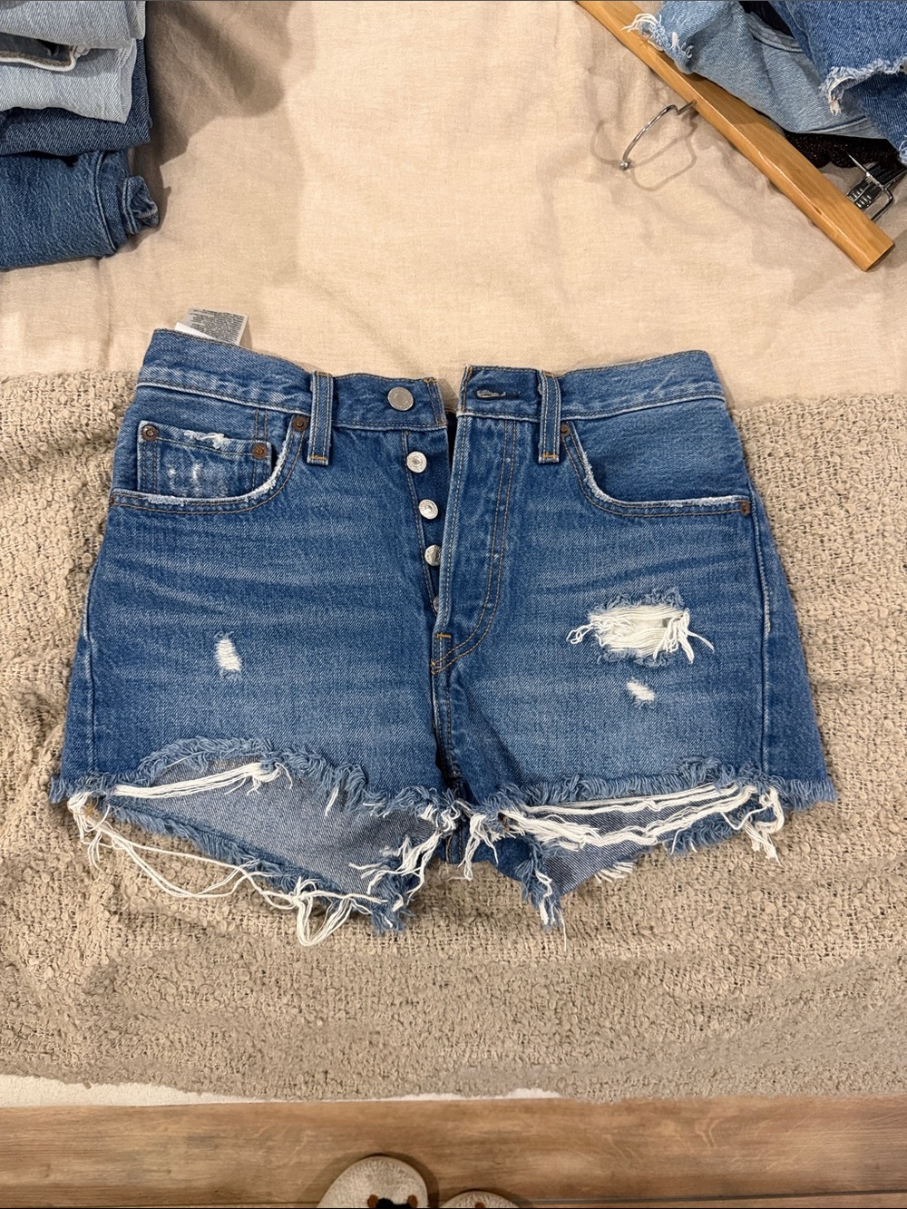 Levi's 501 Blue Distressed Button-Fly Denim Cutoff Shorts